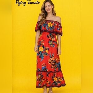 Flying TOMATO Dainty Red Tropical Floral Off Shoulder Beach Fiesta Tiki Dress
